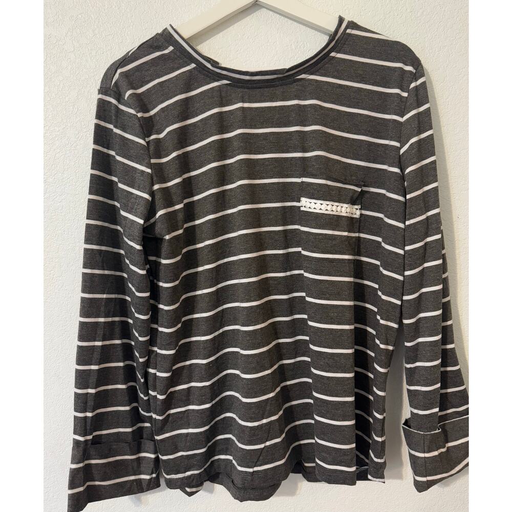 Umgee Women's Long Sleeve‎ Shirt Lace Tie in Back Gray Ivory